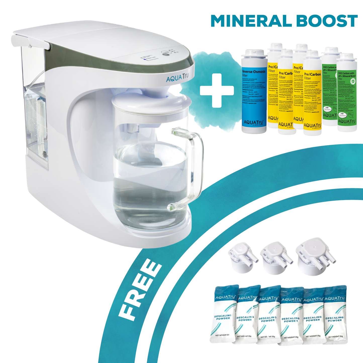 AquaTru Carafe Unit + 2 year filters alkaline + free descaling kit