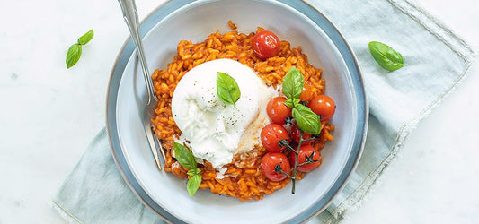 Tomato Risotto with Burrata & Roasted Cherry Tomatoes