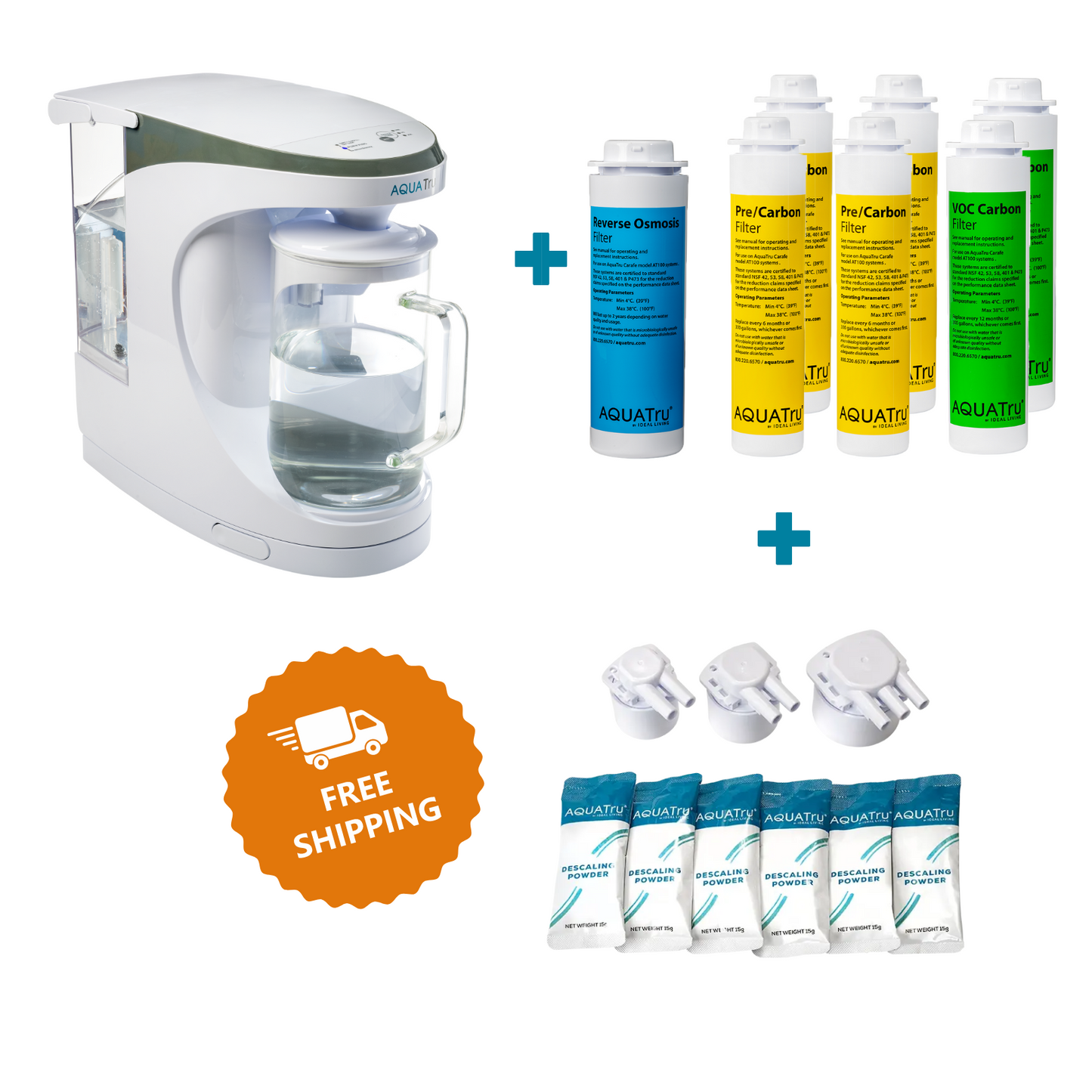 AquaTru Carafe Waterfilter + 2 year Filter Pack + FREE Descaling Kit!