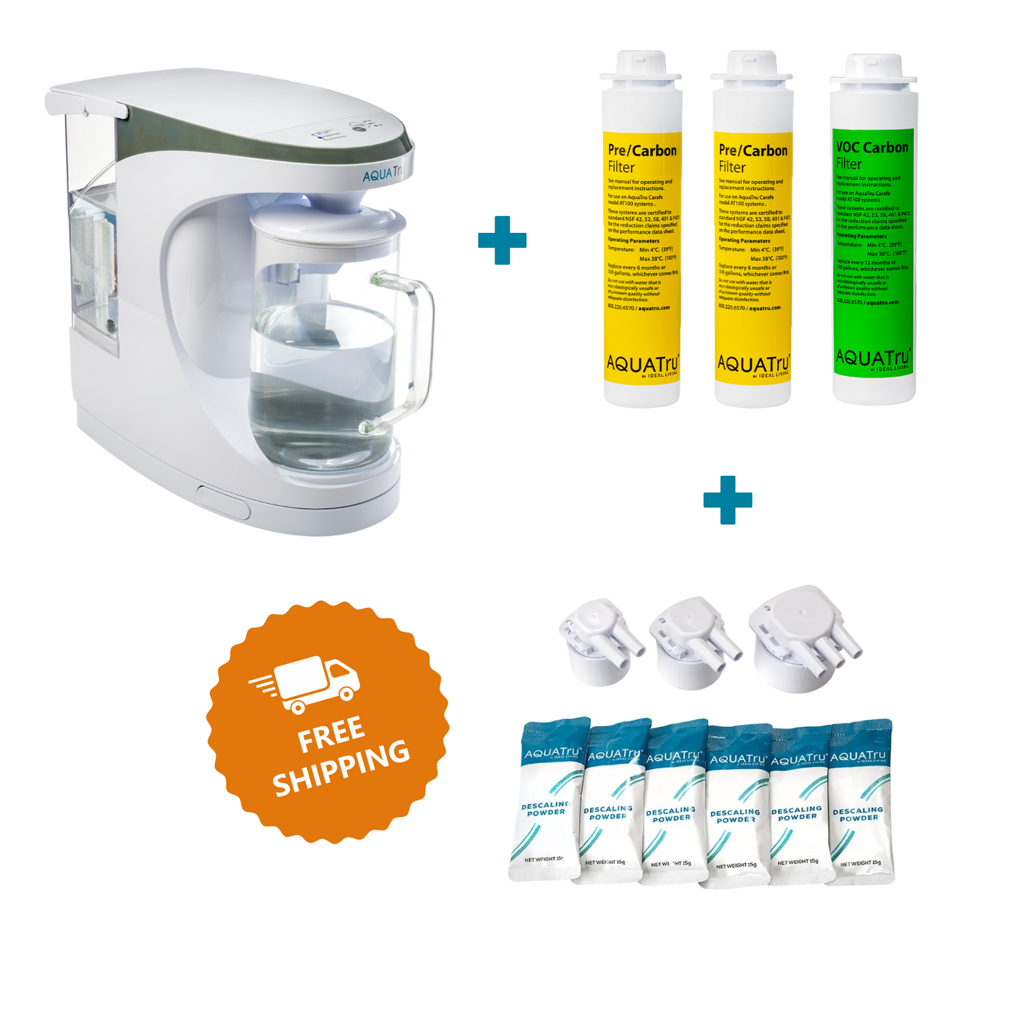 AquaTru Carafe Waterfilter + 1 year filter pack + FREE descaling kit!